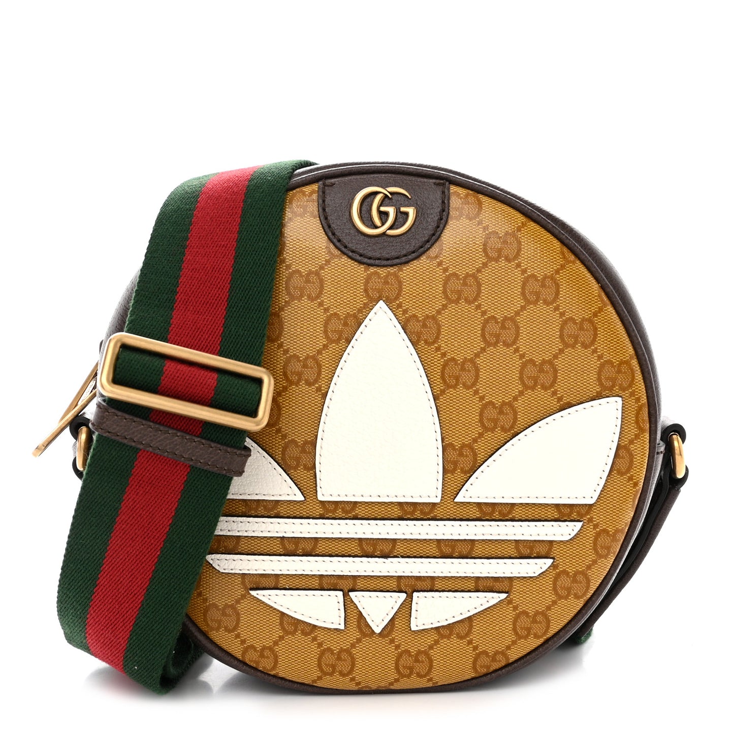 X ADIDAS Crystal Vintage Monogram Textured Dollar Calfskin Web Trefoil Small Ophidia Round Shoulder Bag Mid Natural Nut Off White New Acero