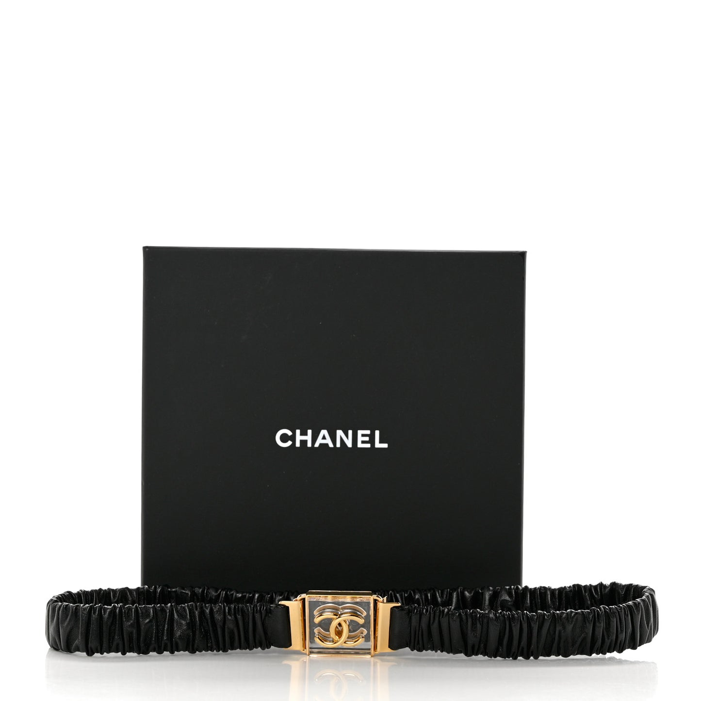 Lambskin Ruched Clear Resin CC Belt 70 28 Black