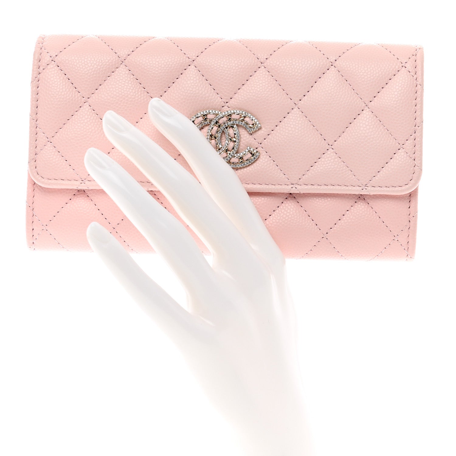 Chanel Caviar Quilted Crystal CC Large Gusset Flap Wallet Pink 2 of 9