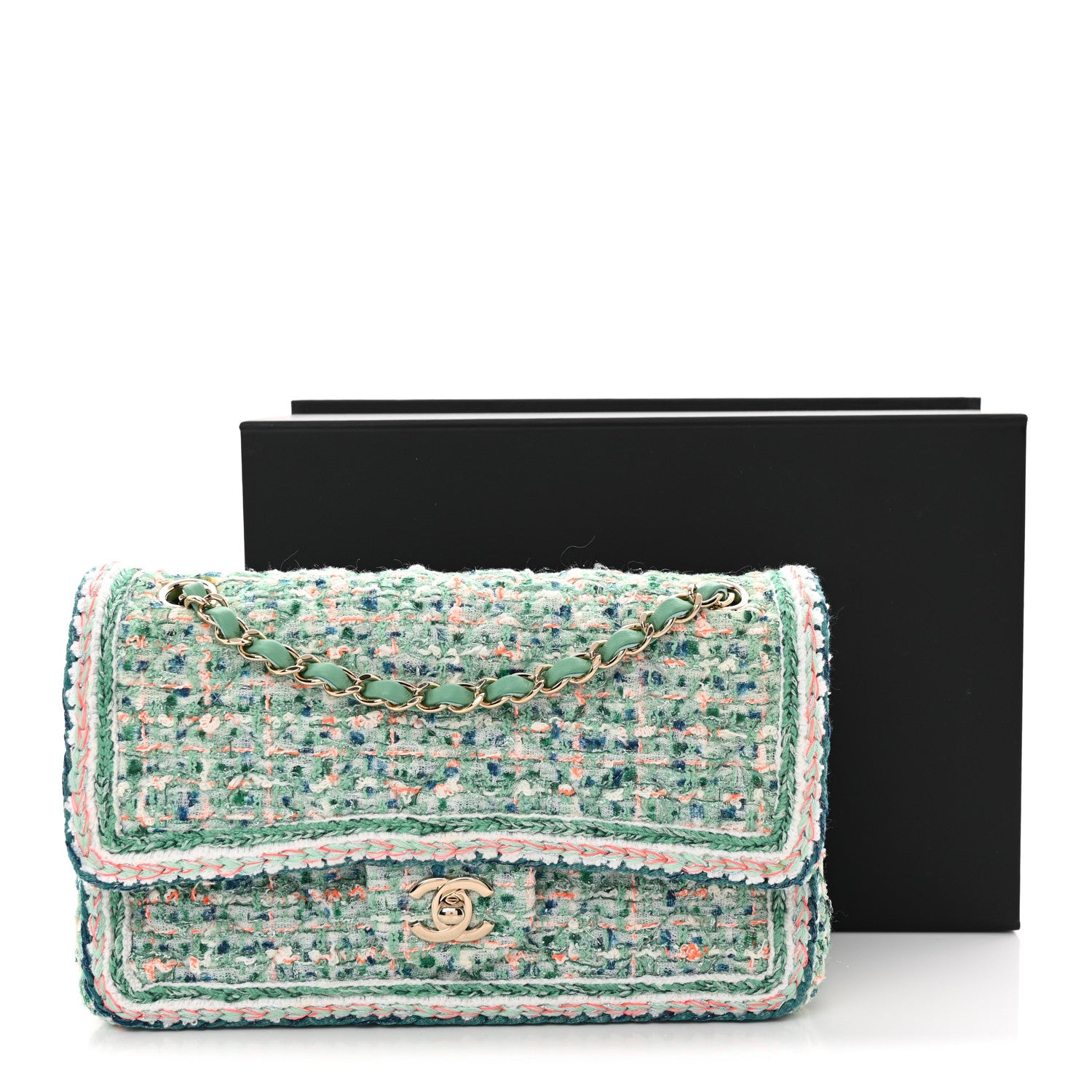 Chanel Tweed Braided Medium Flap Green Blue Multicolor 1904082