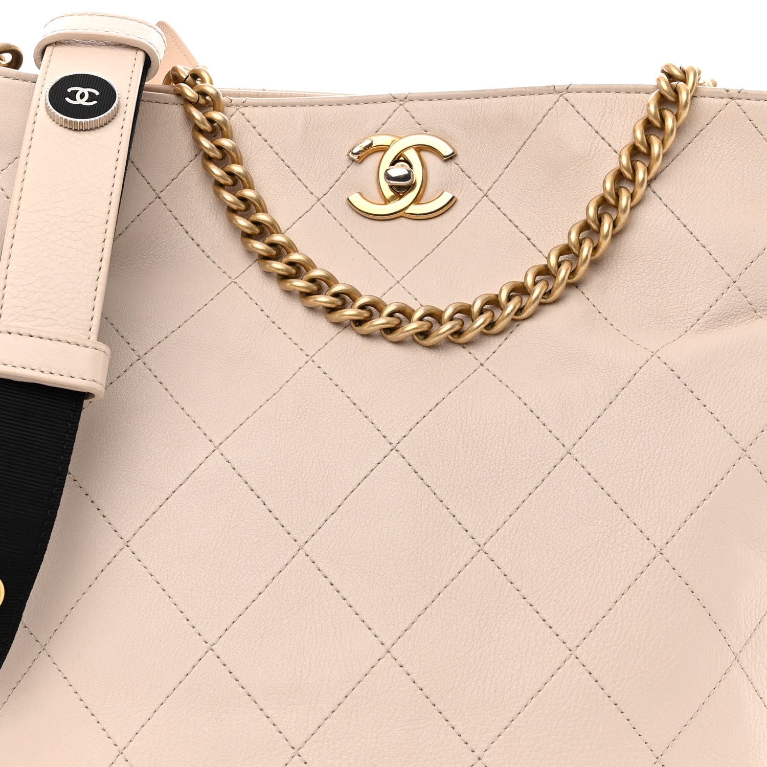 Chanel Calfskin Stitched Large Button Up Hobo Ivory Black 8 of 13