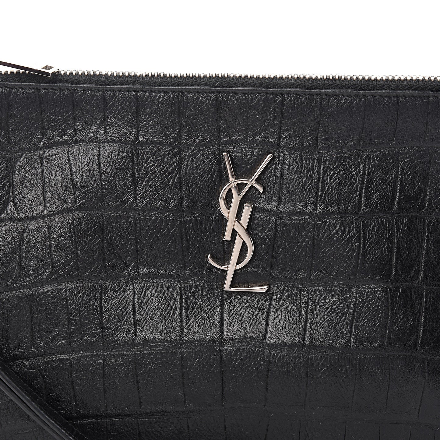 Calfskin Crocodile Embossed Monogram Zip Pouch Black