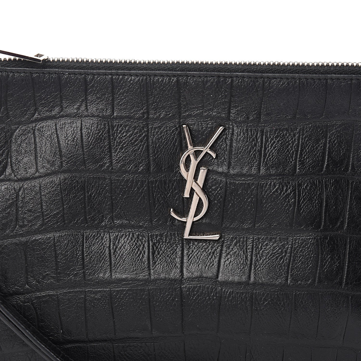 Saint Laurent Calfskin Crocodile Embossed Monogram Zip Pouch Black 7 of 8