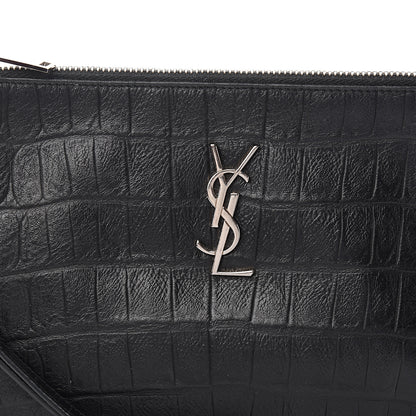 Saint Laurent Calfskin Crocodile Embossed Monogram Zip Pouch Black 7 of 8