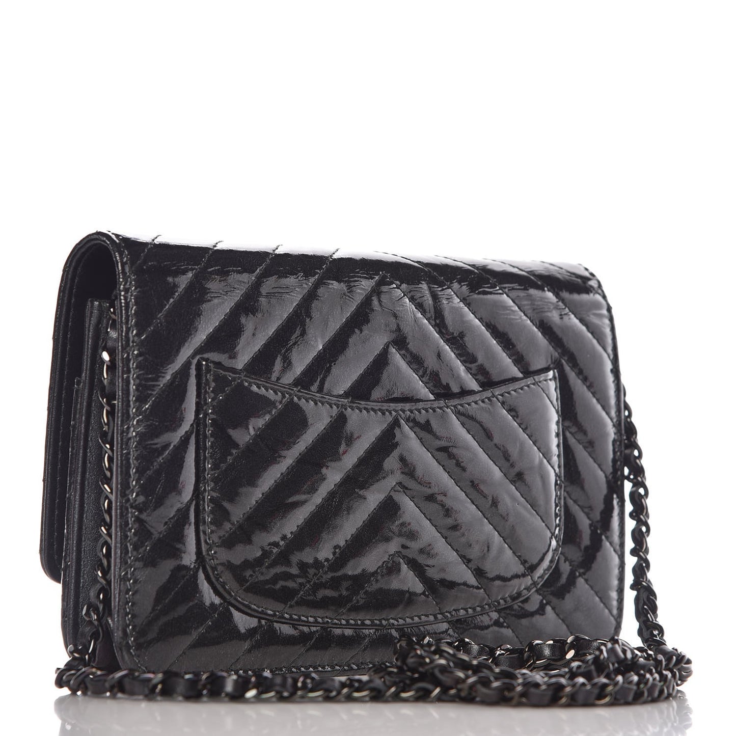 Patent Metallic Crumpled Calfskin Chevron Quilted Wallet On Chain WOC Black