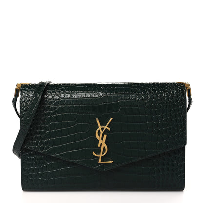 Saint Laurent Calfskin Crocodile Embossed Monogram Mini Uptown Crossbody Green 1 of 9