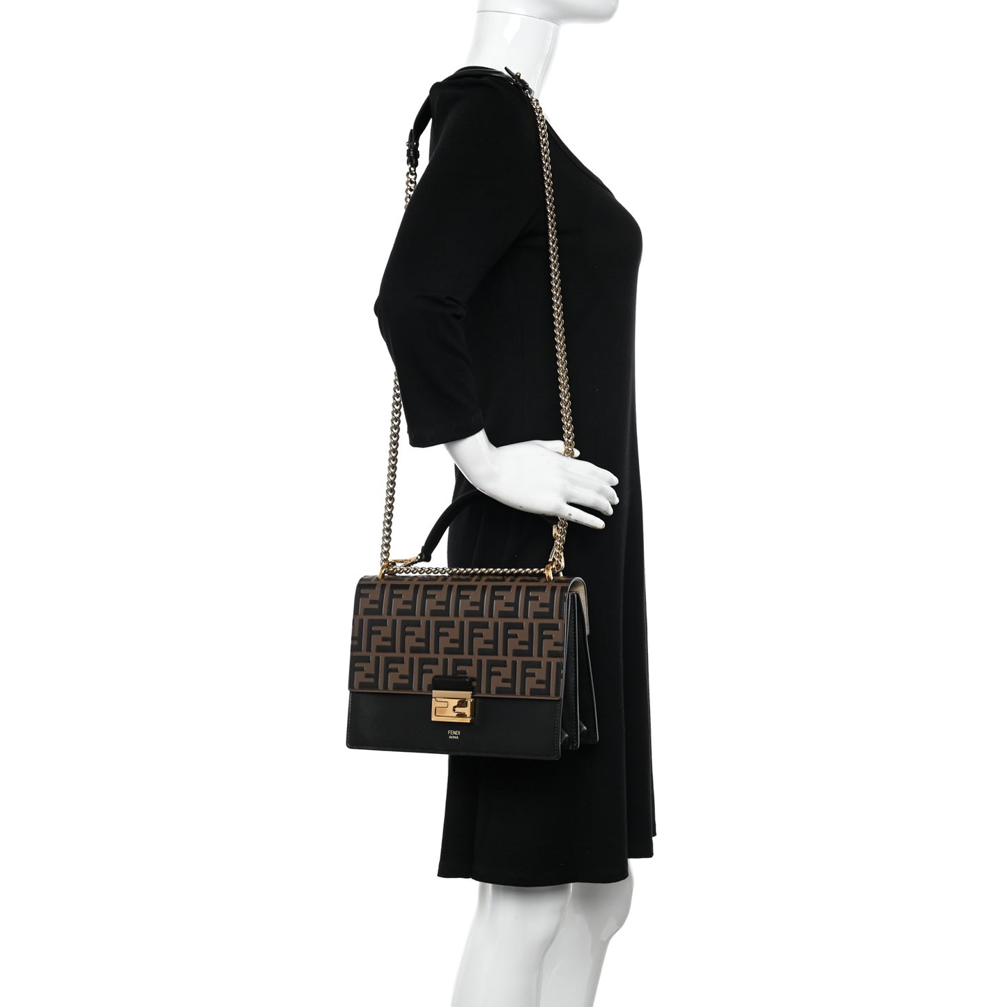 Vitello Liberty Bi-Color FF 1974 Embossed Chain Strap Kan U Shoulder Bag Black Maya