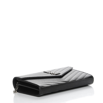 Saint Laurent Grain De Poudre Matelasse Chevron Monogram Chain Wallet Black 4 of 7