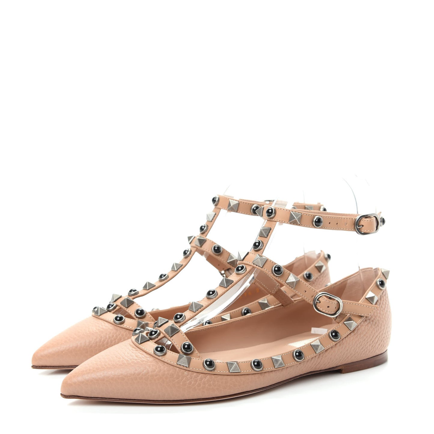 Pebbled Calfskin Onyx Rockstud Rolling Cage Ballerina Flats 35.5 Soft Noisette