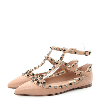 Valentino Garavani Pebbled Calfskin Onyx Rockstud Rolling Cage Ballerina Flats 35.5 Soft Noisette 3 of 11