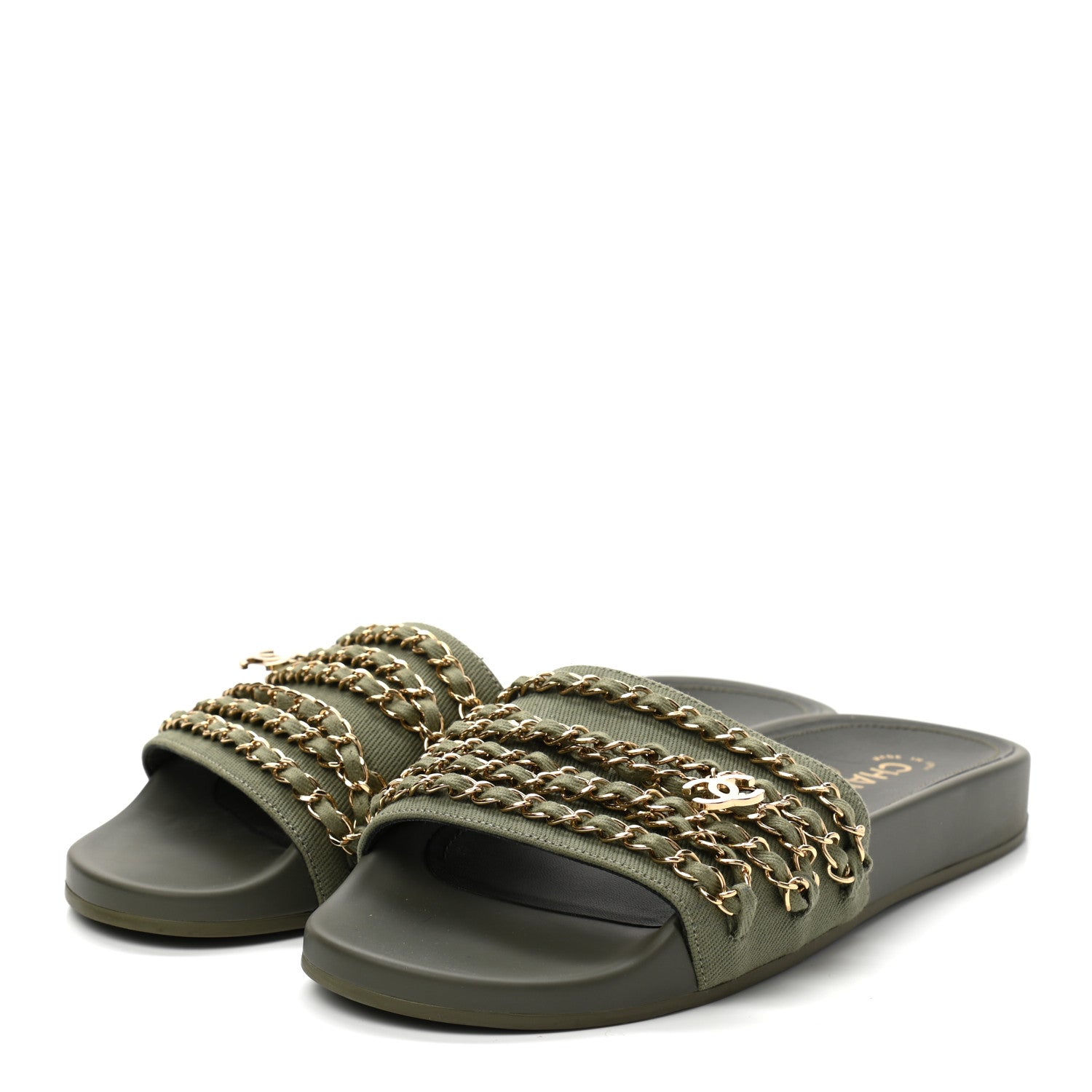 Chanel Canvas Chain Flat Sandals 40 Khaki 3 of 8