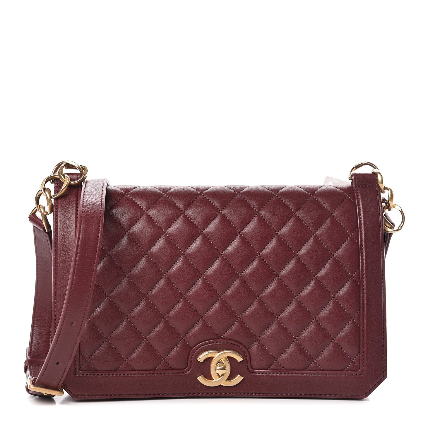 Calfskin Quilted Large Flap Bag Burgundy