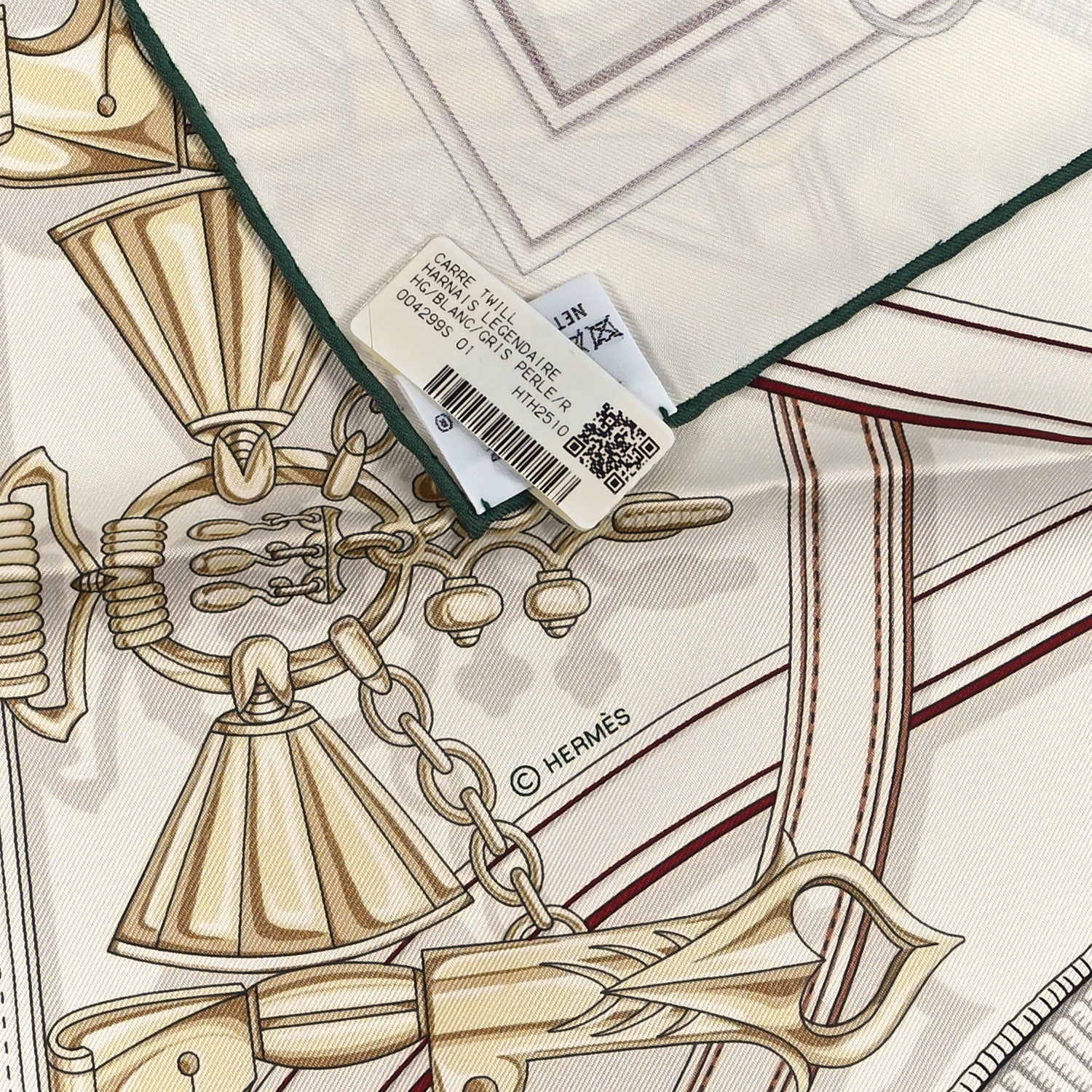 Hermes Silk Harnais Legendaire Scarf 90 White Gris Perle Rouge H 3 of 3