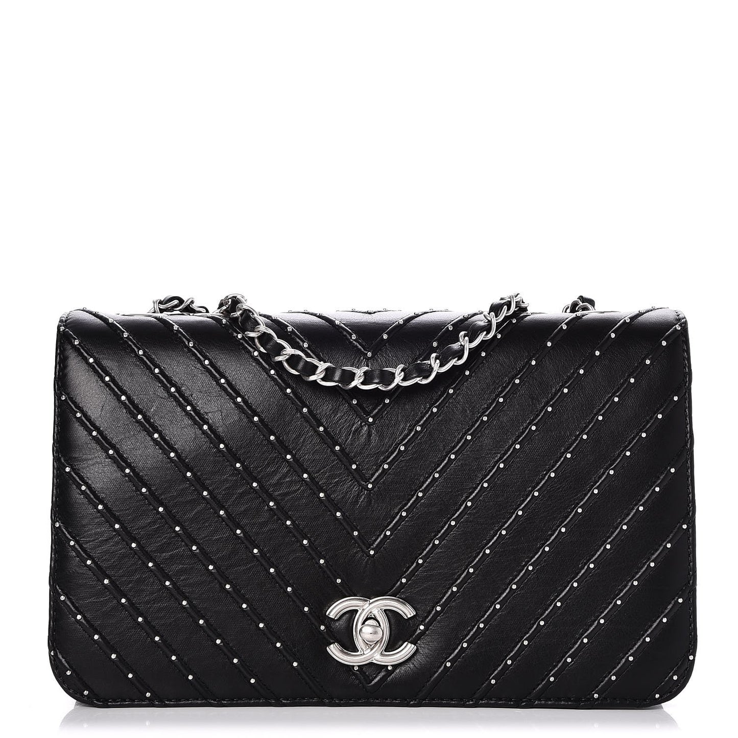 Calfskin Studded Chevron Quilted Flap Black