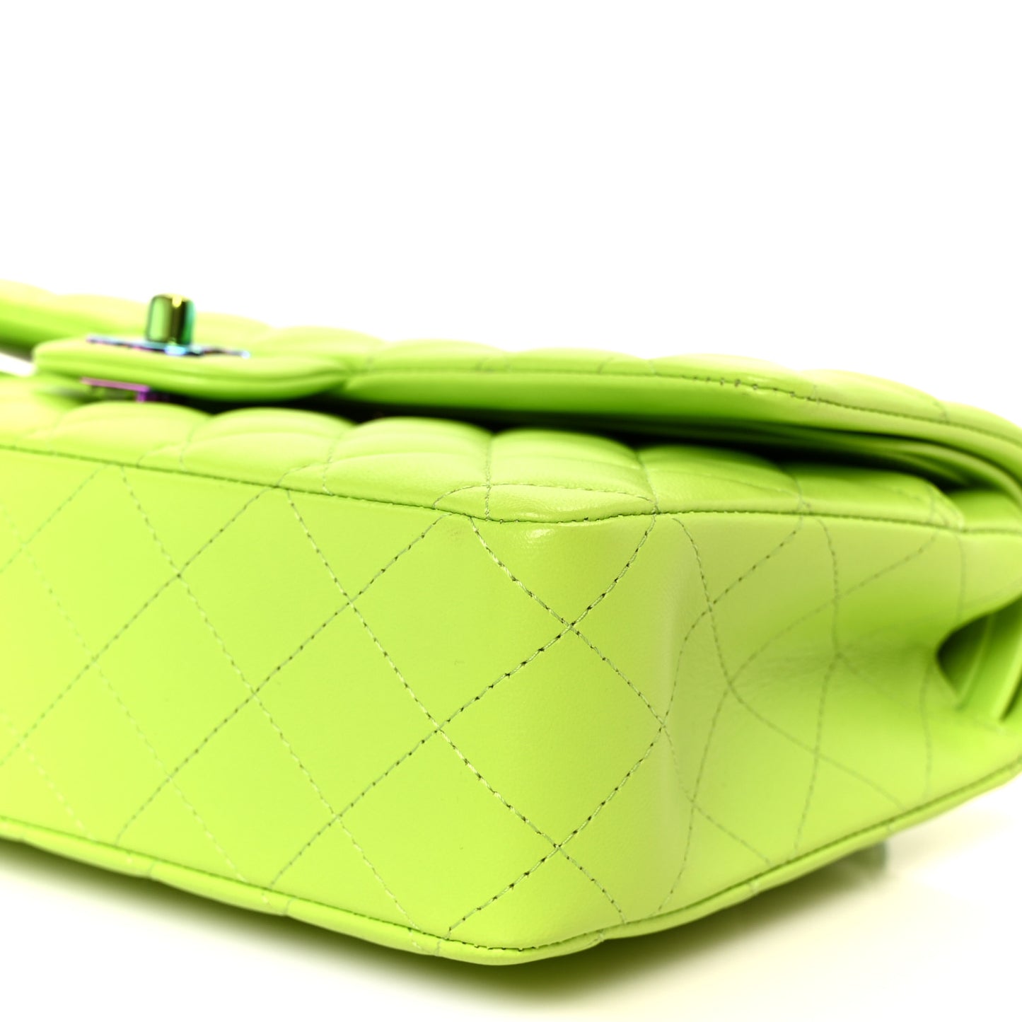 Lambskin Quilted Rainbow CC Medium Double Flap Neon Green Neon Green