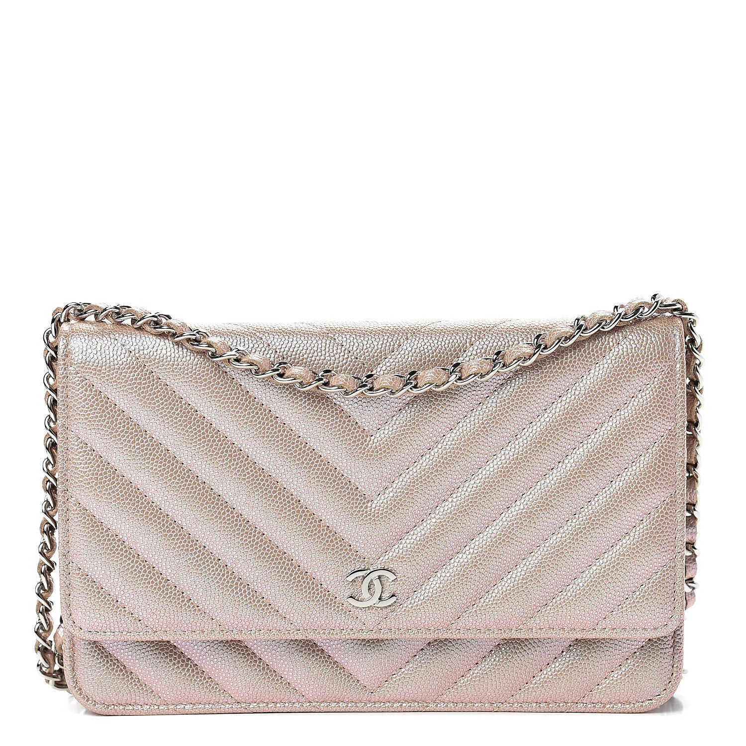 Chanel Metallic Caviar Chevron Quilted Wallet On Chain WOC Light Gold 1 of 11