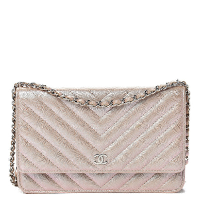 Chanel Metallic Caviar Chevron Quilted Wallet On Chain WOC Light Gold 1 of 11
