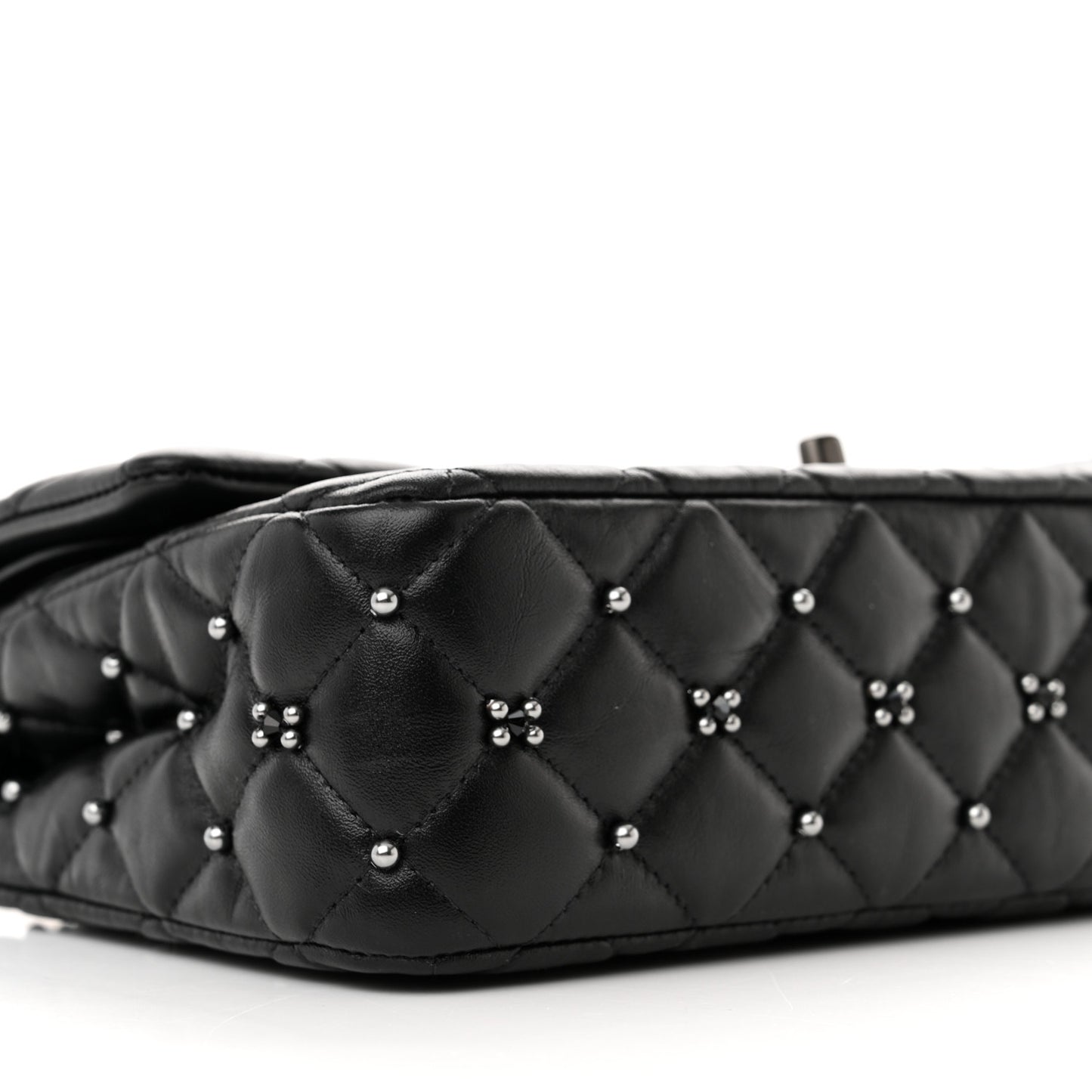 Lambskin Beaded Quilted Flower Double Flap Black