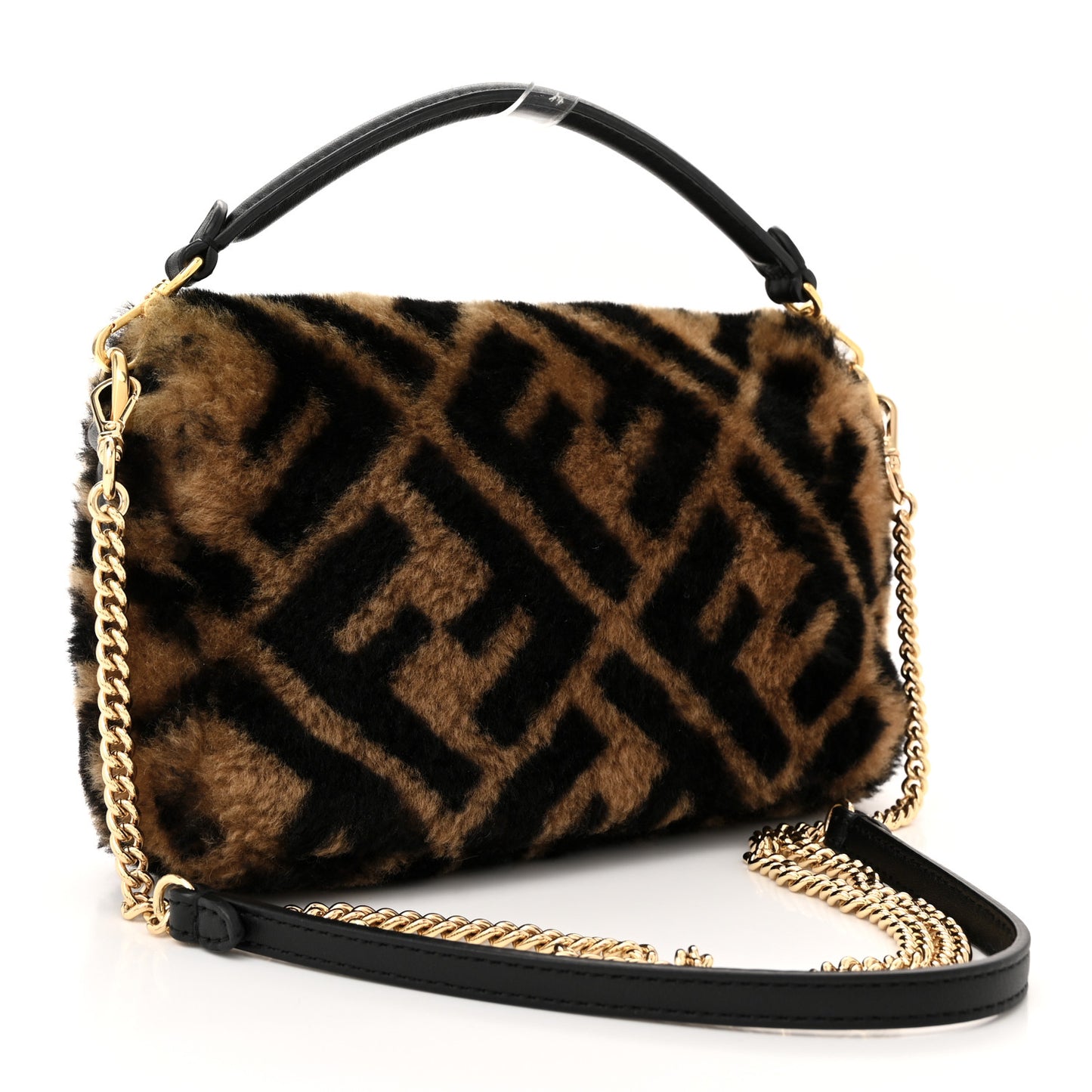 Shearling Vitello Dolce Macro FF 1974 Mini Baguette Tobacco Black