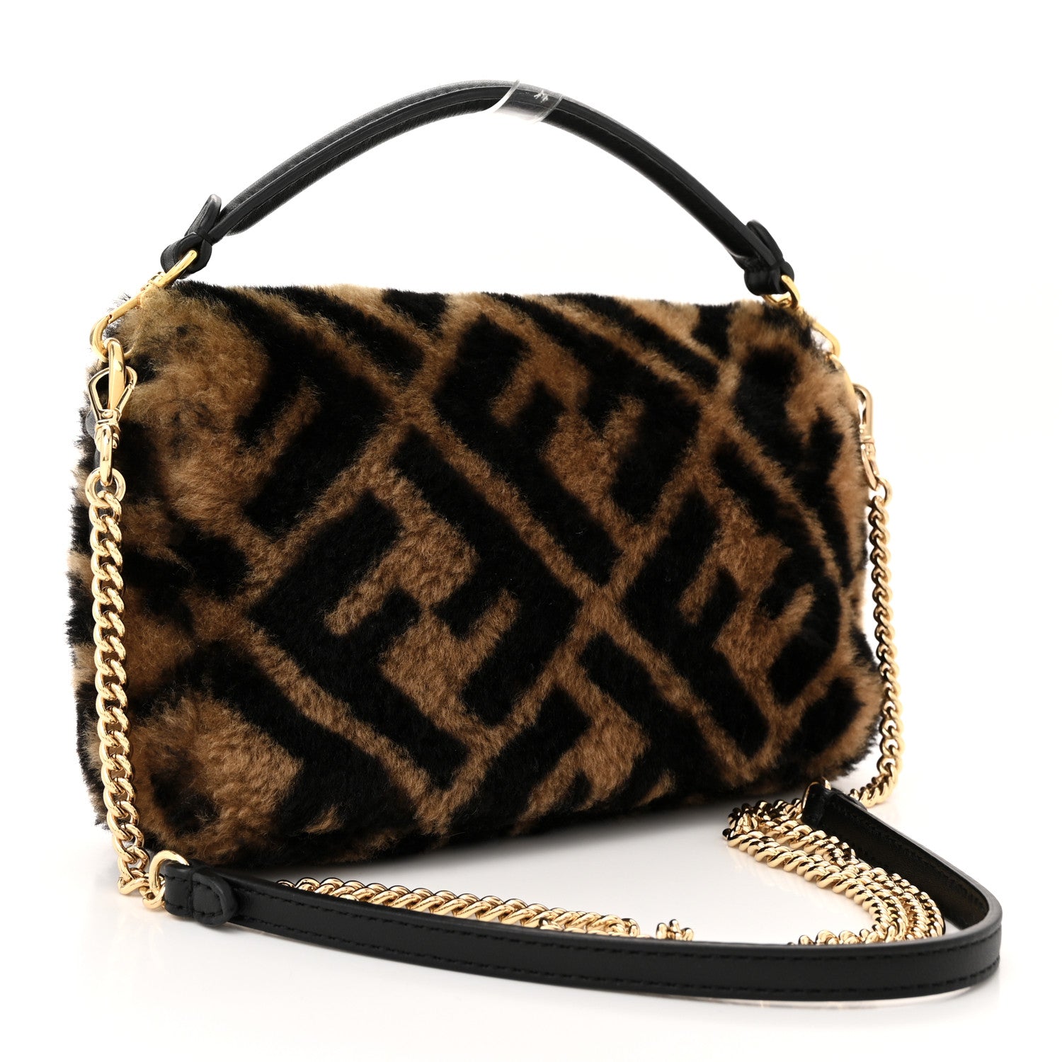 Fendi Shearling Vitello Dolce Macro FF 1974 Mini Baguette Tobacco Black 3 of 10