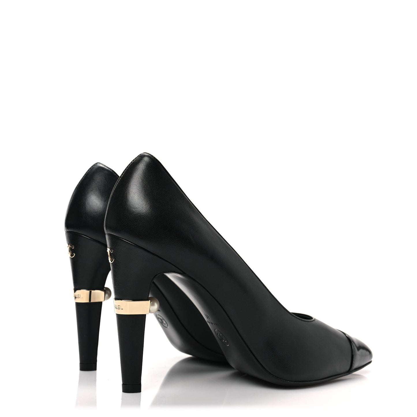 Lambskin Patent Cap Toe Pearl Pumps 41 Black