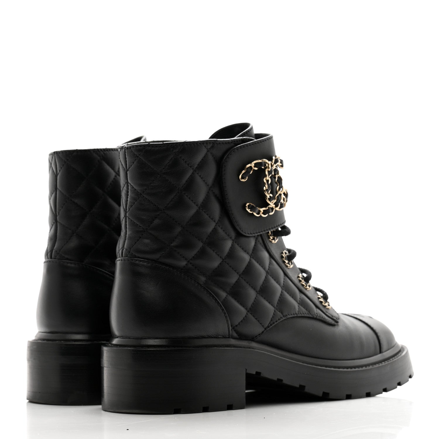 Chanel Shiny Lambskin Quilted Lace Up Combat Boots 39 Black 6 of 20