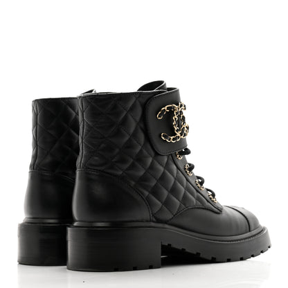 Chanel Shiny Lambskin Quilted Lace Up Combat Boots 39 Black 6 of 20