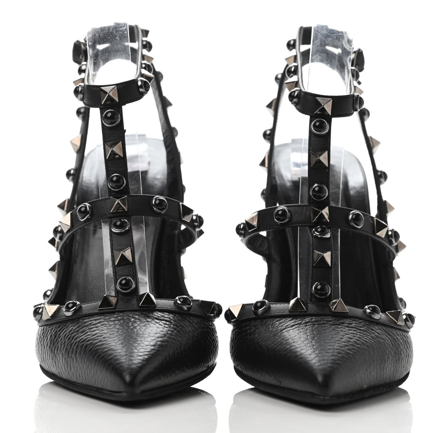 Pebbled Calfskin Onyx Rockstud Rolling Ankle Strap 100mm Pumps 37 Black