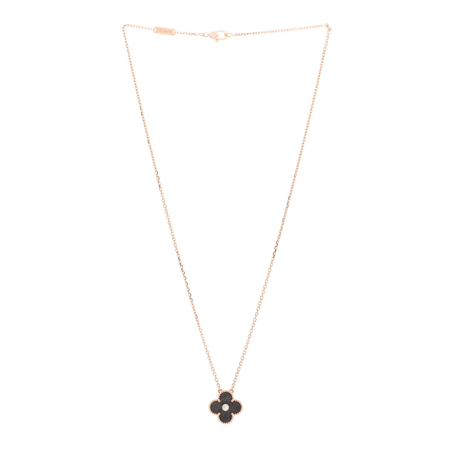 18K Rose Gold Diamond Silver Obsidian Vintage Alhambra Pendant Necklace