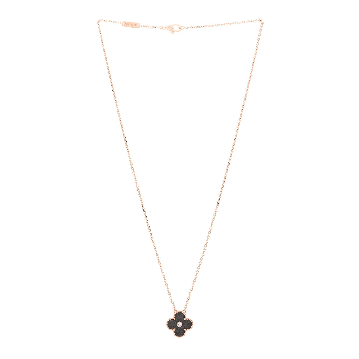 Van Cleef & Arpels 18K Rose Gold Diamond Silver Obsidian Vintage Alhambra Pendant Necklace 3 of 4
