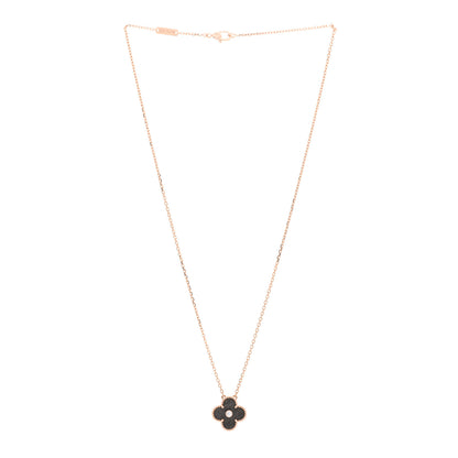 Van Cleef & Arpels 18K Rose Gold Diamond Silver Obsidian Vintage Alhambra Pendant Necklace 3 of 4