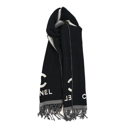 Chanel Wool CC Logo Fringe Scarf Black White 1 of 3