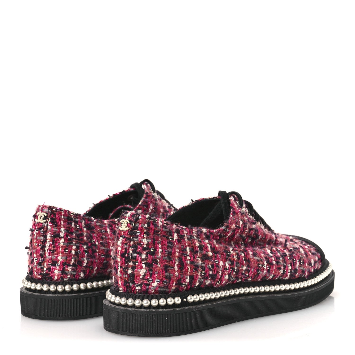 Chanel Tweed Grosgrain Sequin Pearl Lace Up Sneakers 40 Black Pink 5 of 11