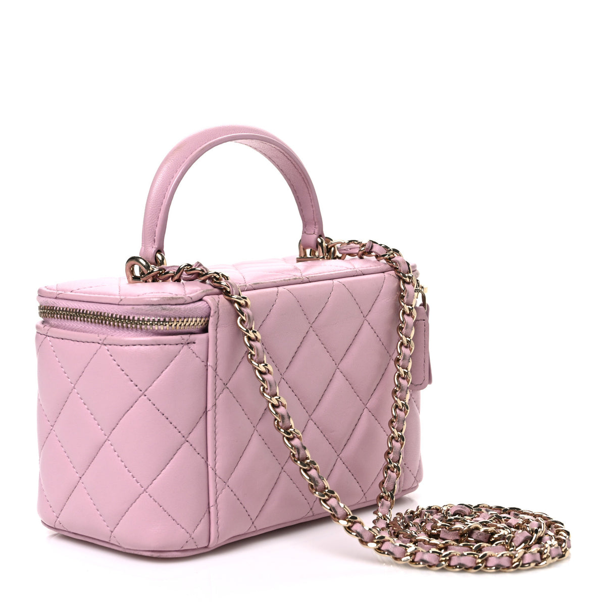 Lambskin Quilted Small Top Handle Vanity Case With Chain Light Pink