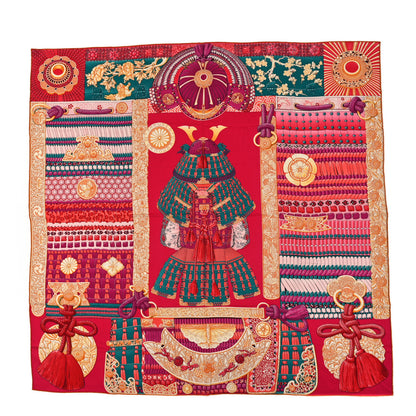 Hermes Cashmere Silk Parures De Samourais Shawl 140 Rose Indien Vert Corail 1 of 3