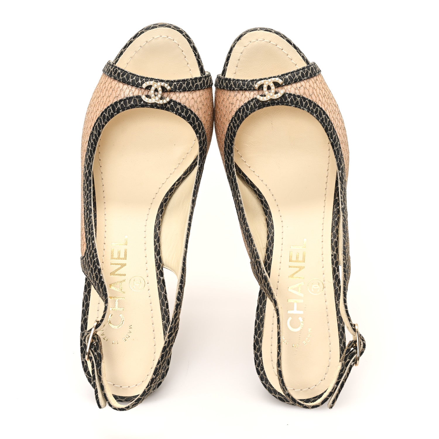 Chanel Calfskin Mesh Pearl CC Peep Toe Slingback Pumps 36 Salmon Black 2 of 9