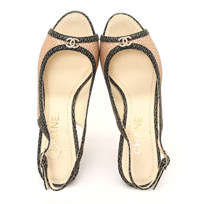 Chanel Calfskin Mesh Pearl CC Peep Toe Slingback Pumps 36 Salmon Black 2 of 9