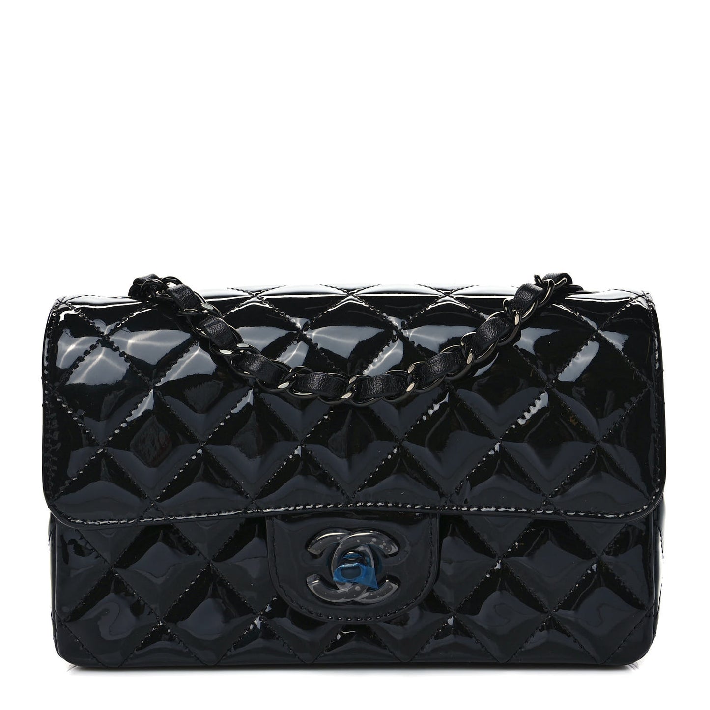Patent Calfskin Quilted Mini Rectangular Flap So Black