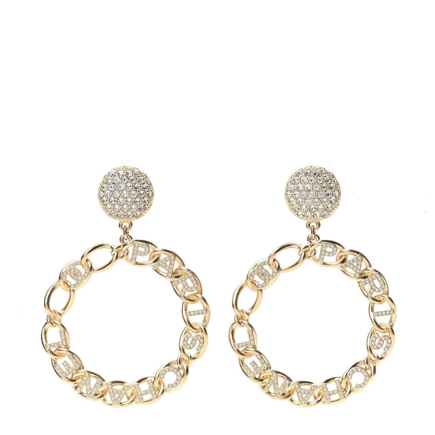 Chanel Metal Crystal CC Paris Chain Link Hoop Earrings Gold 1 of 6