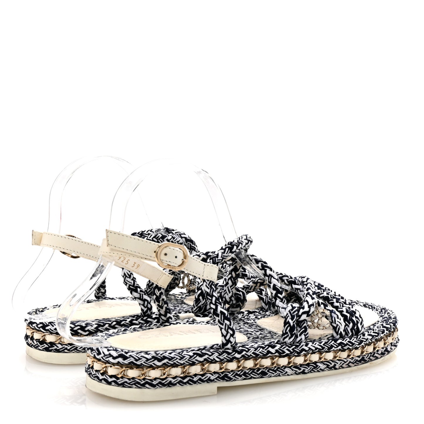 Cord Lambskin Quilted Logo Sandals 39 Navy Blue White