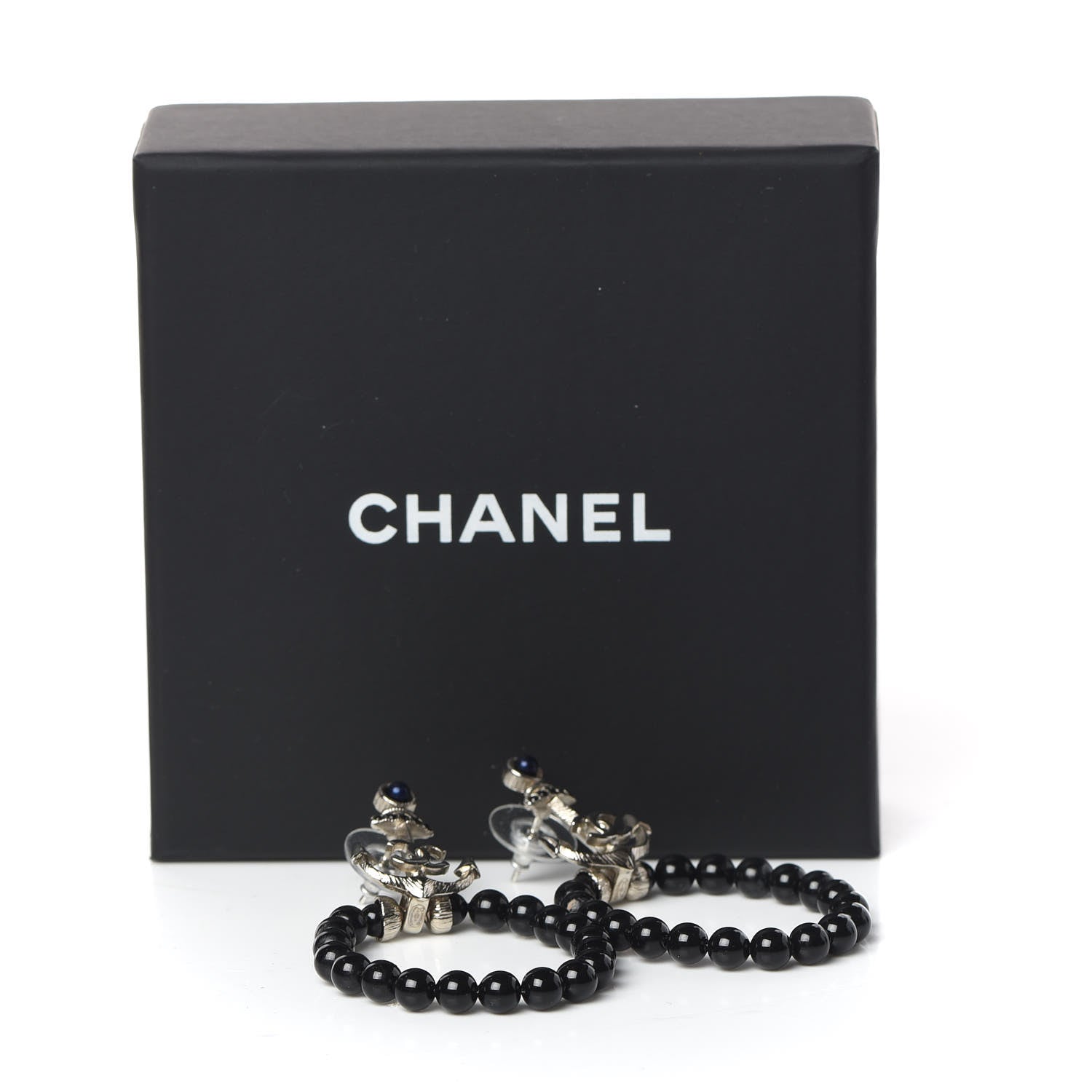 Chanel Ruthenium Bead Anchor Drop CC Oval Earrings Black Blue 5 of 5