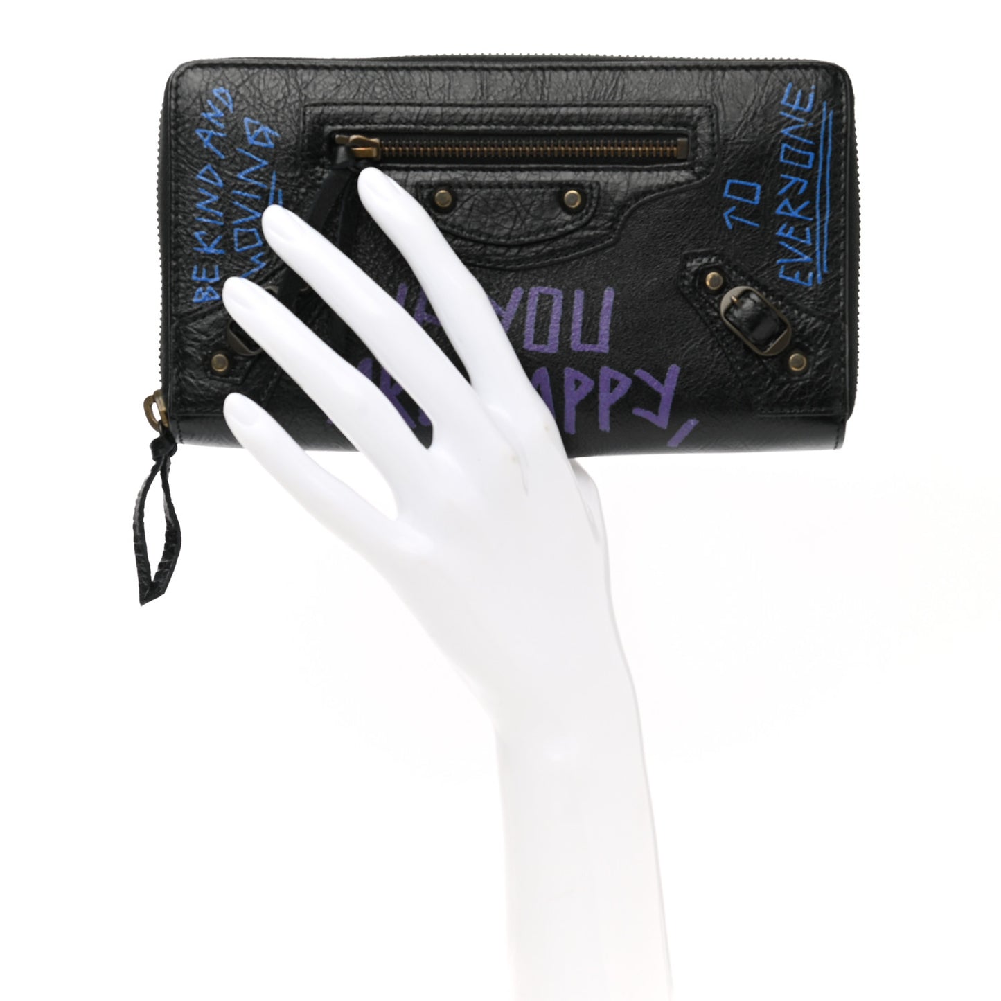 Agneau Arena Graffiti All Over Classic Hardware Continental Zip Around Wallet Black Bleu Violet