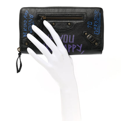 Balenciaga Agneau Arena Graffiti All Over Classic Hardware Continental Zip Around Wallet Black Bleu Violet 2 of 8