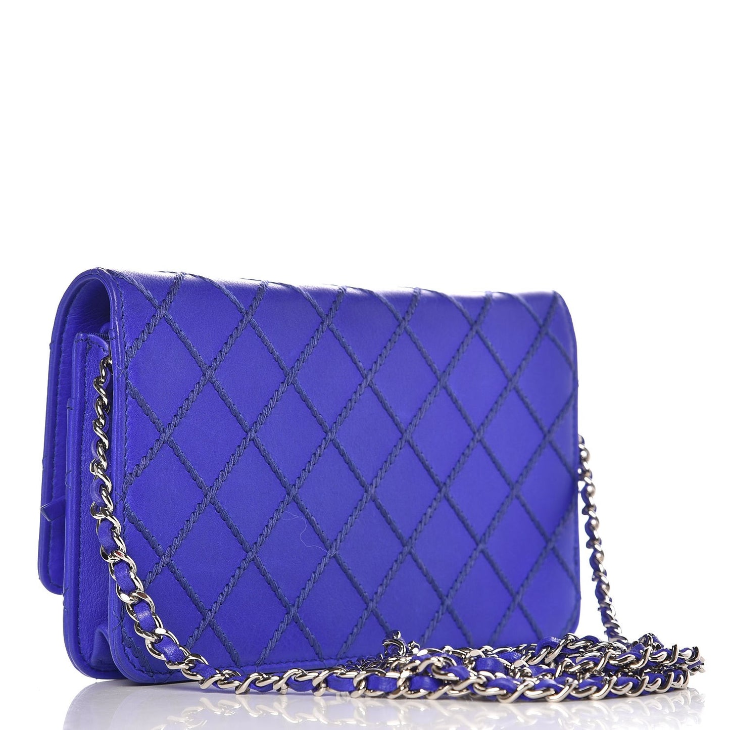 Calfskin Quilted Fancy CC Wallet On Chain WOC Blue