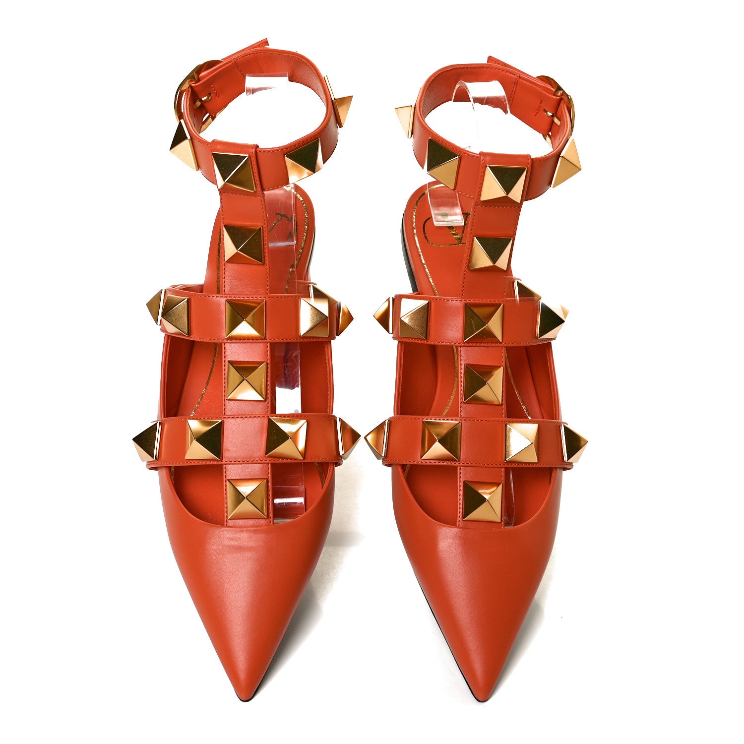 Valentino Garavani Calfskin Roman Stud Ankle Strap Flat Mules 38.5 Orange Zest 5 of 10