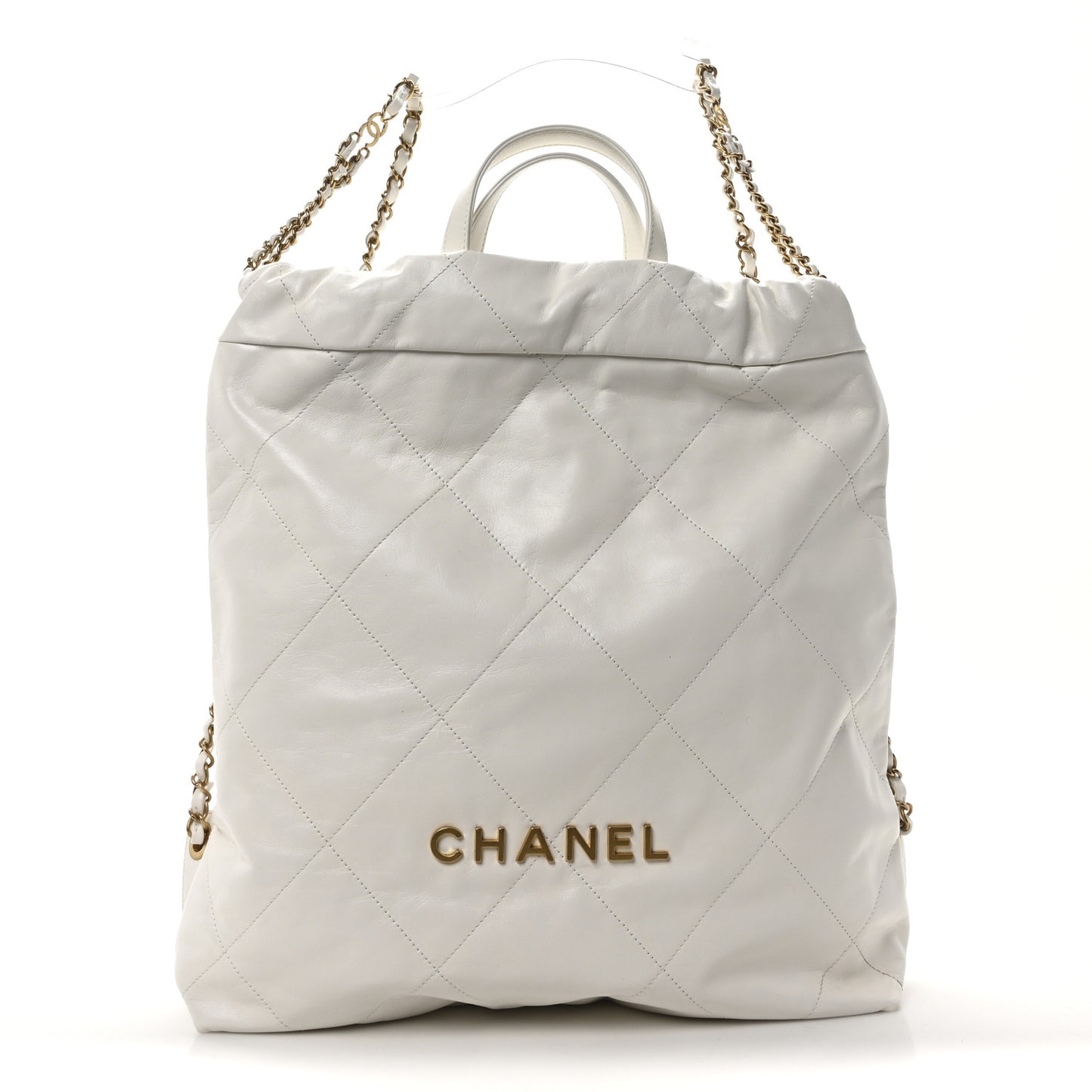 Shiny Calfskin Quilted Chanel 22 Backpack White