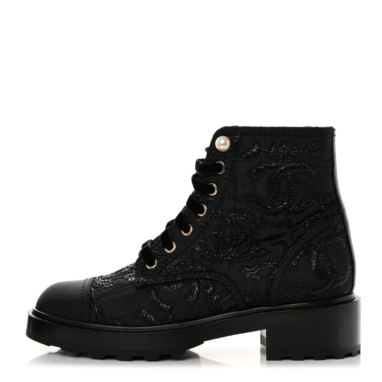 Tweed Grosgrain CC Combat Short Boots 38.5 Black