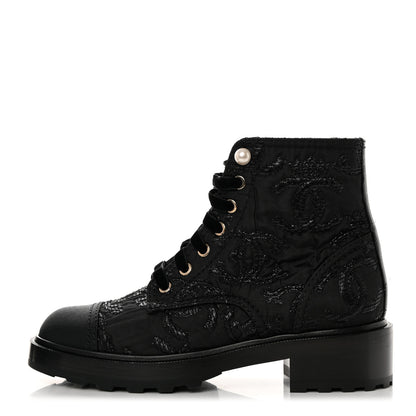 Chanel Tweed Grosgrain CC Combat Short Boots 38.5 Black 1 of 9
