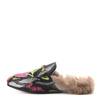 Gucci Brocade Fur Floral Womens Princetown Slippers 39.5 Black Anthracite 1 of 9