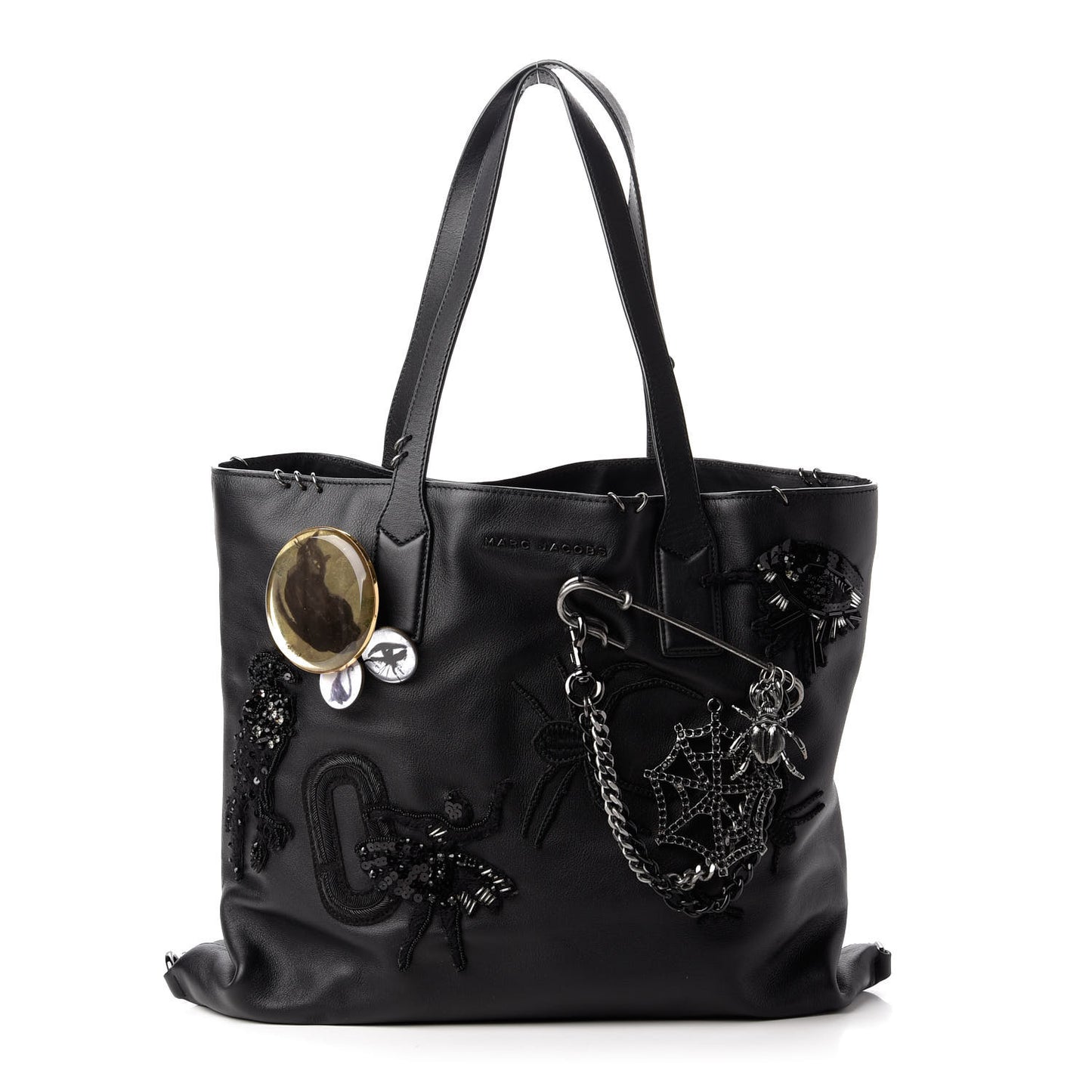 Calfskin Large Wingman Badges Shopping Tote Black